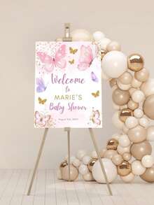 1pc Personalized Birthday Welcome Sign, Customized Text, Pink Ribbon, Entrance Welcome Board, Floral Butterfly Design, Girls Birthday Party Decoration, Wedding Anniversary, Retirement Celebration, Printed Painting, Cute Wall Art, Frameless - Multicolor - View 6