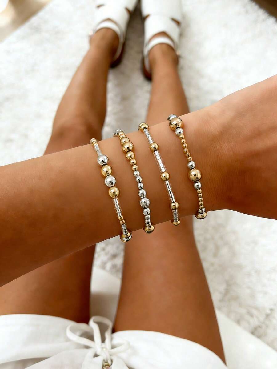 4pcs Bohemian Style CCB Beaded Elastic Bracelets, Multi-Layer Stacking Beaded Bracelet Set For Women - Gold - View 1