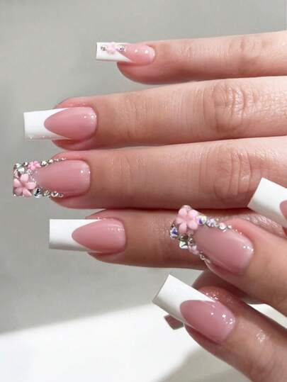 Medium-Sized Coffin-Shaped Press-On Nail Stickers, 24-Piece DIY Set Featuring Nude-Pink And White French Tips With 3D Floral Designs And Full-Rhinestone Embellishments. These Elegant And Sweet-Style Nail Stickers Are Perfect For Parties, Weddings, And Everyday Wear. They Are Removable And Reusable Press-On Nails.