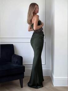 Solid Color Elegant Casual Backless Cocktail Dress, Graceful Party Formal Evening Gown, Suitable For Wedding Guest, Vacation, Date - Green - View 3