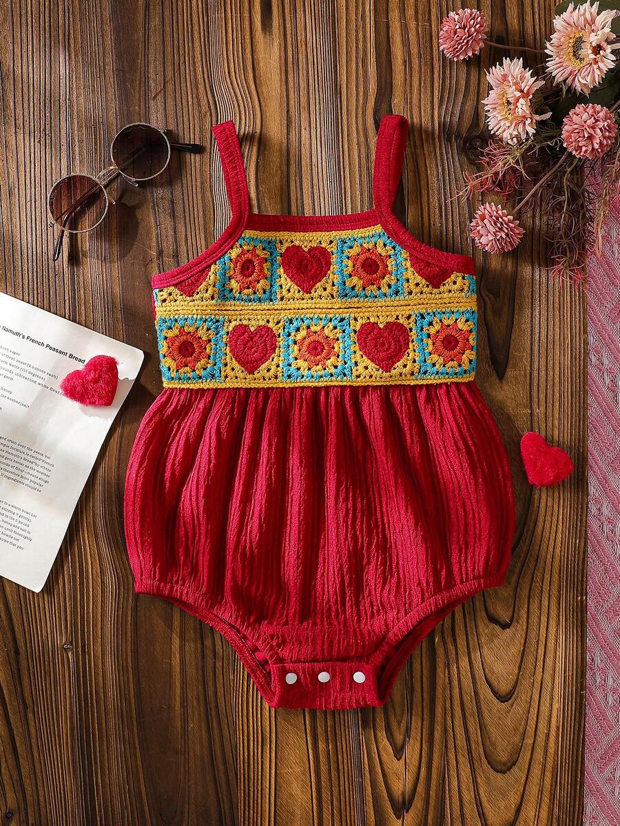 Summer New Baby Girls' Fashionable Embroidered Heart & Flower Decor Romper, Sweet & Cute, Suitable For Daily & Outdoor Wear - Red - View 1
