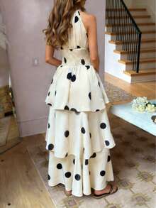 Women's Elegant Polka Dot Sleeveless Shirred Waist Layered Ruffled Dress, Bohemian Style, Spring/Summer - Champagne - View 2