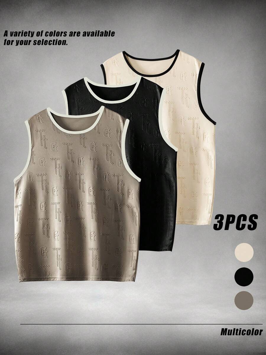 3pcs Men's Embossed Letter Embossed Sleeveless Vest, Fashion Contrast Trim Tank Top - Multicolor - View 1