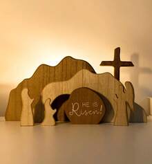 [He Is Risen]Empty Tomb Scene Spring Easter Decorations, Jesus Nativity Resurrection Figurines Set With Wooden Cross For Home, Office, Table, Shelf, Mantle Decor – Christian Catholic Religious Gifts - A - View 2