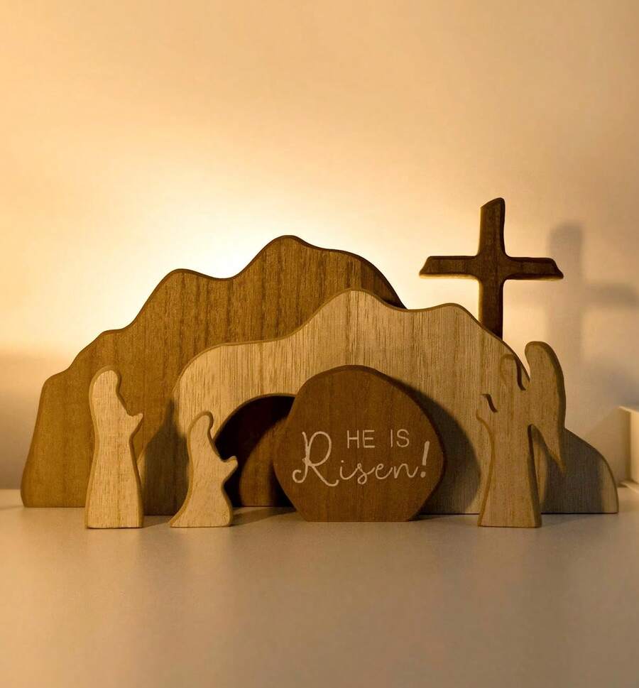 [He Is Risen]Empty Tomb Scene Spring Easter Decorations, Jesus Nativity Resurrection Figurines Set With Wooden Cross For Home, Office, Table, Shelf, Mantle Decor – Christian Catholic Religious Gifts