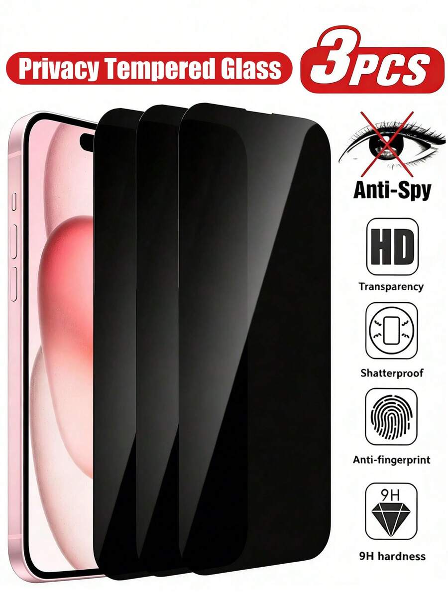 Shockproof Mobile Phone Screen Protector 3pcs Tempered Glass Privacy Screen Protector, Compatible With IPhone 15/15 Plus/15 Pro/15 Pro Max, 14/14 Plus/14 Pro/14 Pro Max, 13 Mini/13/13 Pro/13 Pro Max, 12 Mini, 16/16 Pro/16 Plus/16 Pro Max, 17/17 Air/17 Pro/17 Pro Max, Anti-Scratch, Anti-Fingerprint, Anti-Drop, Anti-Peeping, Perfectly Fits Phone Cases, Mother's Day Gift