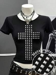 Women's Punk Style Cross Rivet Graphic Black T-Shirt, Metal Decor Short Sleeve Slim Fit Tee, Dark Punk Y2K Fitted Top, Stretchy, Y2K Fashion, Casual Campus Street Style, Perfect Pairing, Soft & Comfortable - Black - View 2