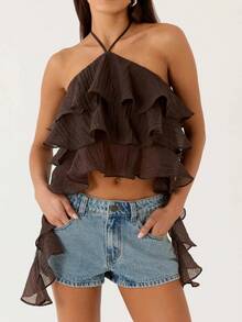 Women Ruffle Halter Tie Neck Crop Top Chiffon Frill Trim Spaghetti Sleeveless Backless Ruffle Layered Hem Cami Top Summer Going Out Tops - Brown - View 2