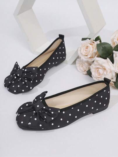 Plus Size Fashion Women's Round Dot White Square Toe Ballet Flats, Casual Comfortable Slip-On Shoes Suitable For Dresses, Spring/Autumn New Arrival Bowknot Womens Shoes