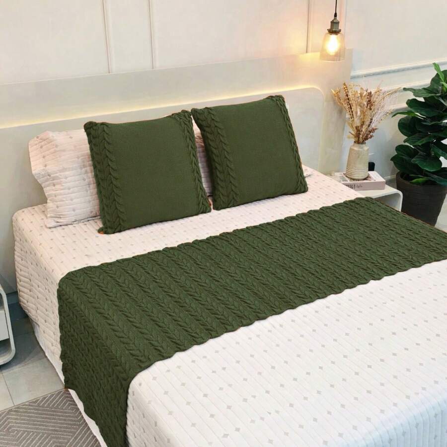 Knitted Blanket Set For Sofa Bed (Double, Queen, King Size) - Cozy Home Decor + 2 Cushion Covers - Màu xanh Ô liu - Xem 1