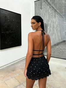 Women's 2 Piece Outfits Smocked Mini Skirt Set Casual Sleeveless Backless Smocked Halter Neck Tie Up Crop Top + Bodycon Short Mini Skirt Set Cocktail Party Beach Dress - 黑與白 - 查看 5