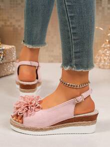 Casual Commute Floral Wedge Sandals For Women, Woven Rope Ankle Strap Open Toe Platform Slides - Pink - View 4