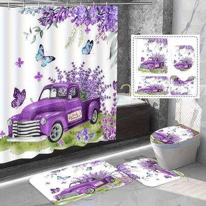 4pcs Purple Car Butterfly Elegant Art Party Decor Shower Curtain Set, Bathroom Decor Set Includes Shower Curtain, Non-Slip Rug, Toilet Lid Cover, Bath Mat And 12 Plastic Hooks, Bathroom Wet And Dry Separation Curtain, Home Essentials