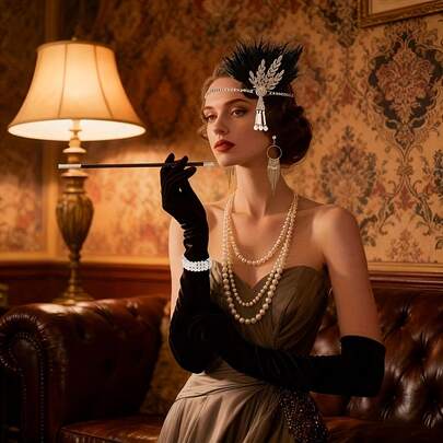 1920年代复古风格服装面具/婚礼/派对装饰9件套 - 盖茨比风格爵士时代配饰