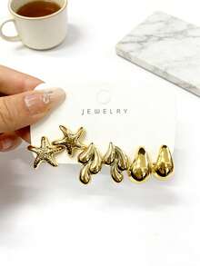 1-9 Đôi bông tai kiểu dáng retro châu Âu và Mỹ hình sao biển, vỏ sò, hoa, được làm từ chất liệu CCB cao cấp, thích hợp cho kỳ nghỉ hè ở bãi biển và đeo hàng ngày của phụ nữ. - Vàng - Xem 11