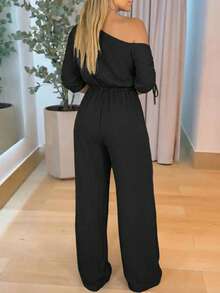 ChicMe Women's Oblique Collar Drawstring Cuff Elastic Waist Jumpsuit, Casual High Waist Wide Leg Jumpsuit, Elegant For Daily Office, Party Wear - Black - View 3