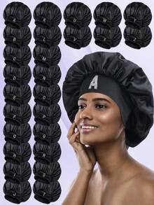 1pc Personalized 26 Hot Drill Alphabet Print Satin Wide Brim Elastic Sleep Cap, Suitable For Curly And Straight Hair Sleep Bonnet - A - View 8
