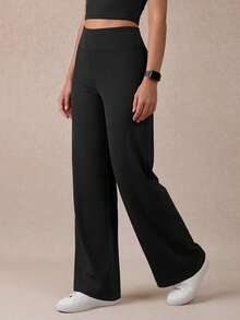 1 pieza Pantalones rectos casuales de cintura alta de color negro sólido y simple para mujer, con bolsillo oculto multifuncional en la parte trasera de la cintura, cómodos y elásticos, adecuados para danza, yoga, pilates, ocio al aire libre, primavera/otoño/verano - Negro - Ver 3