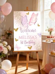 1pc Personalized Birthday Welcome Sign, Customized Text, Pink Ribbon, Entrance Welcome Board, Floral Butterfly Design, Girls Birthday Party Decoration, Wedding Anniversary, Retirement Celebration, Printed Painting, Cute Wall Art, Frameless - Multicolor - View 18