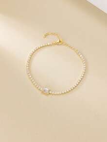 Shescity 1pc Elegant White Cubic Zirconia Inlaid Bracelet, Suitable For Women's Wedding And Banquet Wear - Yellow Gold - View 4