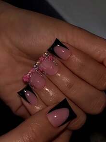 Duck Shape Fake Nails Black French Design With Shiny Rhinestones Reusable False Nails For Women Party Daily Wear - C145 - Xem 2
