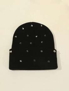 1Pc Men Punk Rivet Beanie Knit Hat,Goth Gothic Skull Caps Winter Warm Beanies Cap For Men,Suitable For Street Wear. Fall - 黑色 - 查看 2