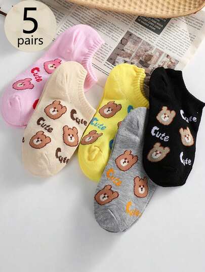 5 Pairs Women's Cartoon Bear Boat Socks, Sweet Style Short Socks, Thin Breathable Non-Slip Ankle Socks For Summer