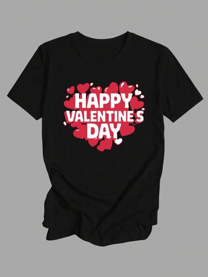Valentine's Day T-Shirt Black Short Sleeve Casual Decorated With Red And White Heart Pattern Eye-Catching Happy Valentine's Day Words Show Love Suitable For Valentine's Day Celebration Loose Version Comfortable All-Matching Warehouse Delivery Men T-Shirt Christian Theme Shirt Rock T-Shirt Men Clothing   Men Size S-3XL
