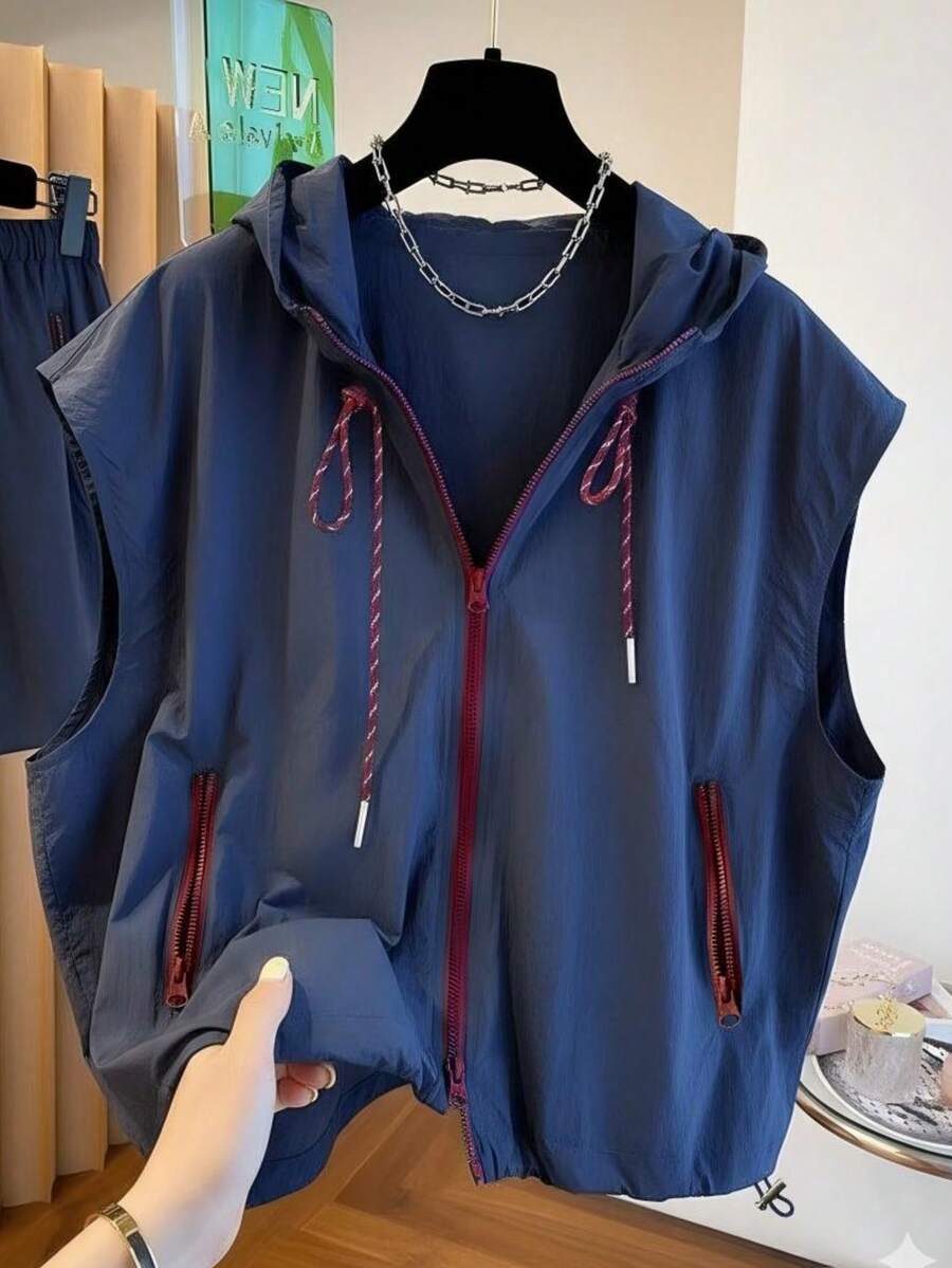 女士藏蓝色无袖背心外套，春夏款，时尚撞色拉链连帽衫，带抽绳，轻盈无内衬设计，百搭舒适，适合日常出行、度假等多种场合，女士休闲上衣 - 藏蓝色 - 查看 1