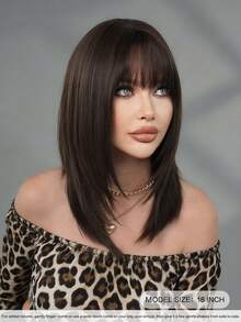 Dark Brown Layered Wig For Women 18 Inch Elegant Shoulder Length Straight Wig With Bangs, Natural Looking Soft Heat Resistant Fluffy Glueless Synthetic Fiber Wig For Daily Wear, Beginners Wigs Accessories, Mother's Day Gifts - 深棕色 - 查看 3
