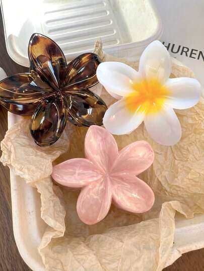 3pcs/1pc 7.9cm/3.11in White, Tortoiseshell, Pink Floral Shaped Large Lightweight Plastic Hair Clips, Fashion Versatile Elegant Minimalist Solid Color Hair Accessories Suitable For Daily Wear, Casual, Party, Commute, Vacation, Ponytail, Bun, Face Washing, Makeup, Outfit Matching Summer Outfits Claw Clips