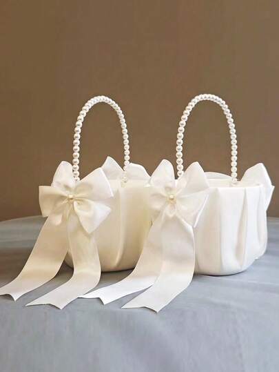 1個 モダンな白真珠ハンドル付き フラワーバスケット サテンリボンボウ付き - 折りたたみ式 ウェディング&バレンタインデーの装飾、多目的イベントパーティーアクセサリー、装飾用フラワーコンテナ、ハロウィン&クリスマスの花束アクセサリー