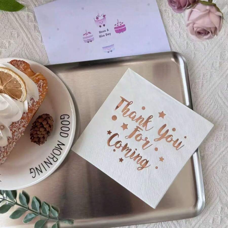 20 Stücke/40 Stücke/100 Stücke Roségold Folie "Danke, dass Sie gekommen sind" Papierservietten, Einweg-Cocktailservietten, elegante weiße & roségoldene Party-Servietten für Hochzeit, Baby-Shower, Geburtstag, Bridal-Shower & Abschiedsparty Tischdekoration - Weißer Hintergrund mit goldener Schrift - Übersicht 1