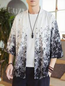 Ink Gradient Tiger Print 3/4 Sleeve Robe, Loose Fit Casual Sunscreen Cardigan For Men - White - View 1