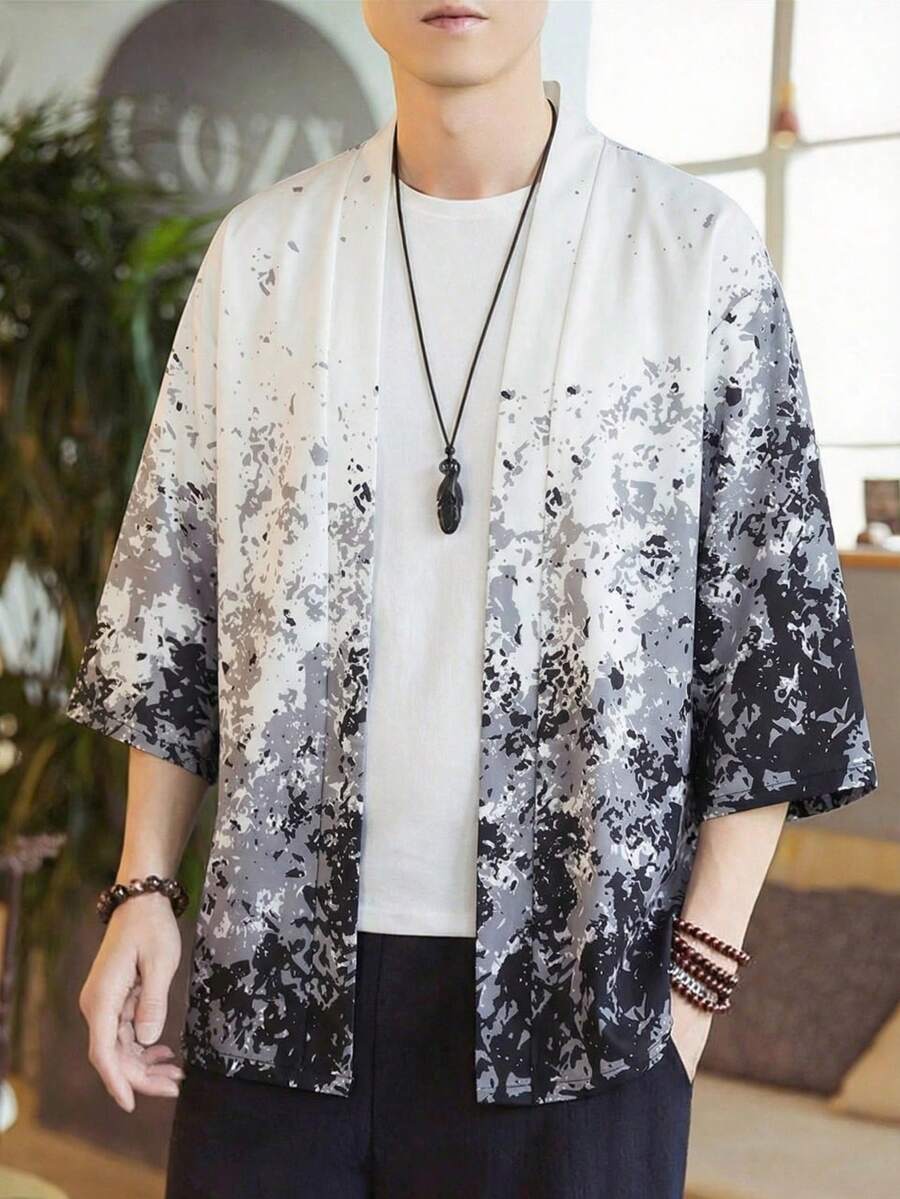 Ink Gradient Tiger Print 3/4 Sleeve Robe, Loose Fit Casual Sunscreen Cardigan For Men - White - View 1