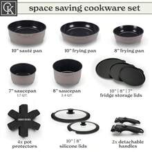 Country Kitchen - Juego de ollas y sartenes de 16 piezas utensilios de cocina antiadherentes seguros con mango extraíble suave al tacto juego de utensilios de cocina para RV apto para horno - Asas de madera gris/negro - Ver 3