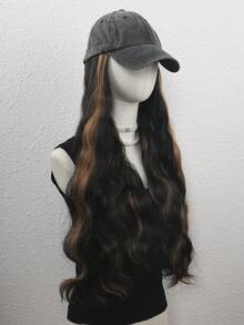 26 Inch Natural Black With Blonde Highlights Big Wave Curly Hair Extensions, Dark Grey Cowboy Baseball Cap Integrated Hat Wig, Heat-Resistant Synthetic Fiber, Adjustable, Suitable For Women - Brown Highlight - View 6