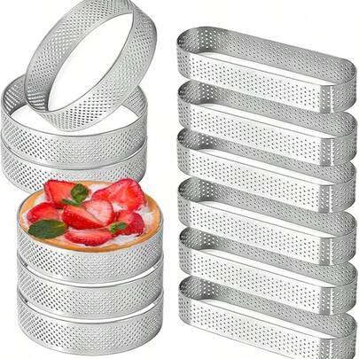 Bộ 6/12 khuôn bánh tart tròn/hình bầu dục bằng thép không gỉ có lỗ, khuôn bánh hình bầu dục chống dính, khuôn bánh ngọt bằng kim loại dùng cho các món tráng miệng kiểu Pháp, vỏ bánh tart trái cây nhỏ, bánh pie hình bầu dục.