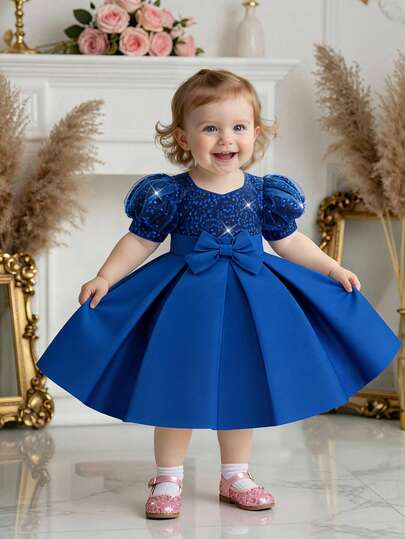 Baby Girls' Short Sleeve Sequin Bow Satin & Mesh Patchwork Cute Elegant Birthday Party Dress, Suitable For Family Gatherings, Parties, Balls (Headband Not Included)