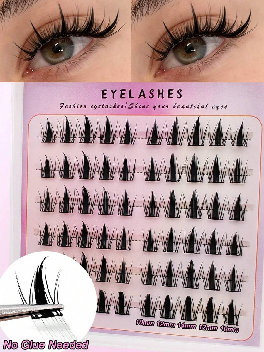 60pcs C-Curl Self-Adhesive Fluffy False Eyelash Clusters, Create Manga-Style Voluminous Effect, DIY Lash Extension, Delicate & Lightweight, Reusable, Individual Cluster Design, Easy Application, No Sticky Residue, No Manual Gluing Required - Black - View 1