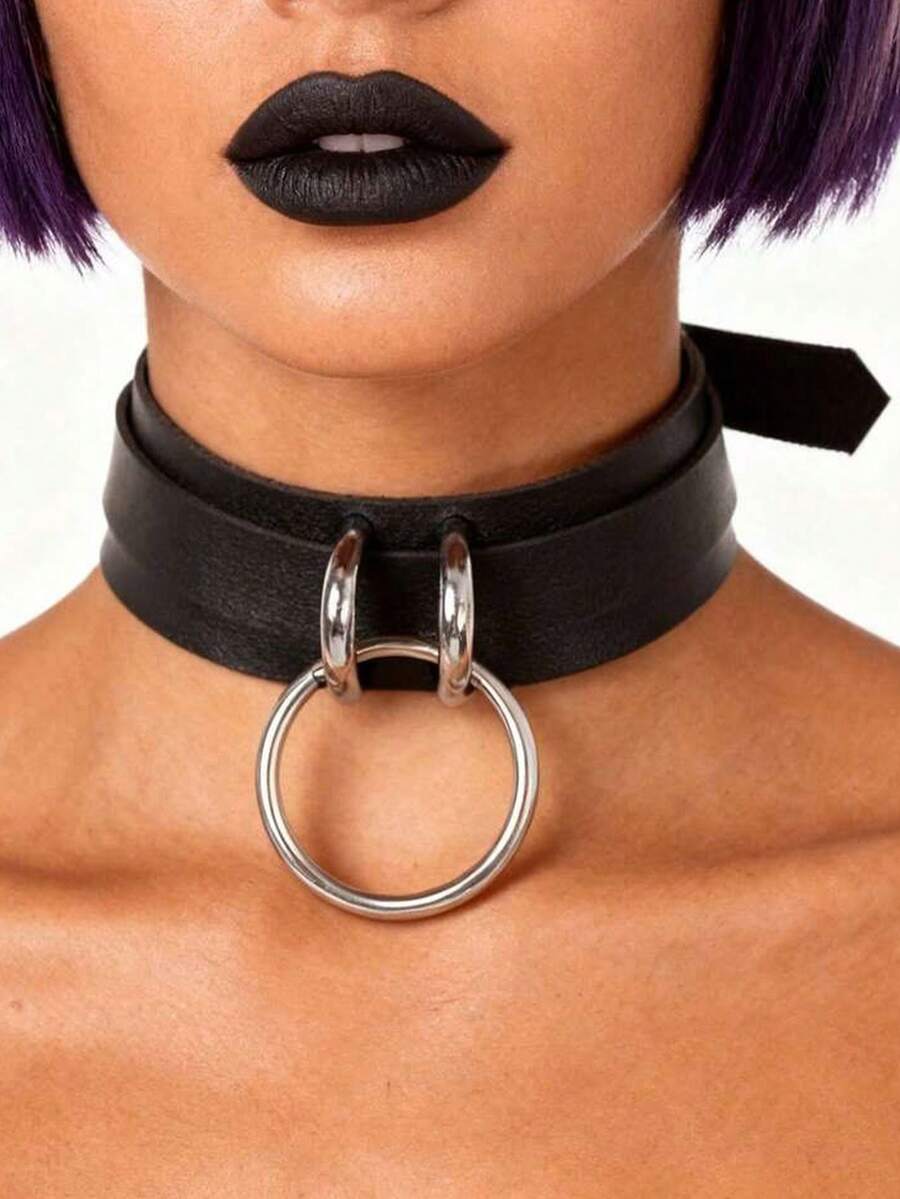 New Gothic Style Necklace, Women's Punk Rock O-Ring Geometric PU Necklace, Gothic Style Neck Accessory - Black - View 1