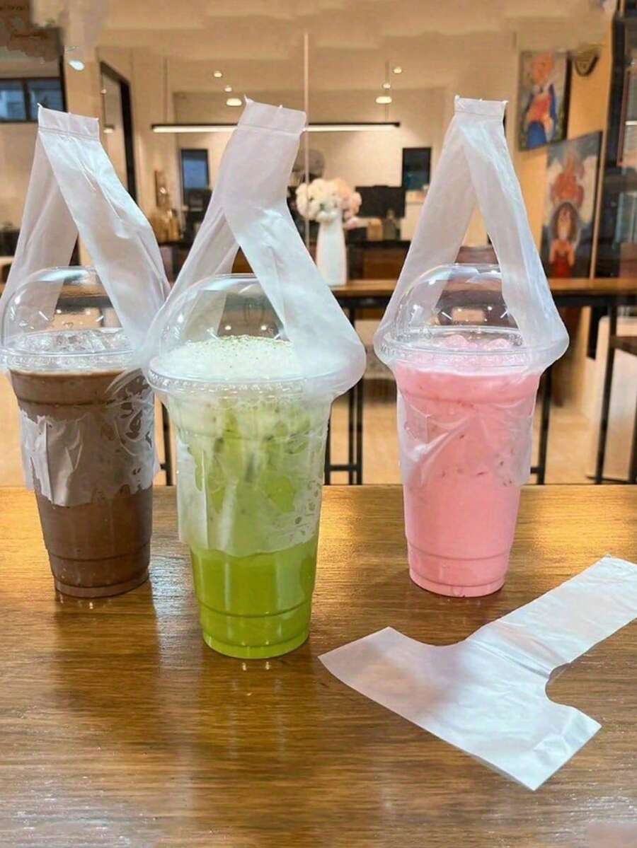 100个T型珍珠奶茶外卖袋 - 便携式饮料杯套，透明塑料杯套带提手，适用于商店外卖、悬挂携带，可盛装咖啡、牛奶、果汁、水、茶、奶昔等饮品。单杯或双杯均可使用。专为咖啡馆、咖啡吧和零售店设计；耐用的外卖饮料容器，是外卖服务、咖啡馆、餐厅和商店的理想之选。