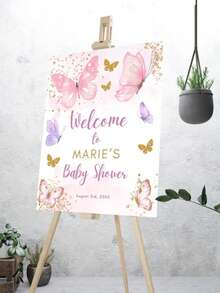 1pc Personalized Birthday Welcome Sign, Customized Text, Pink Ribbon, Entrance Welcome Board, Floral Butterfly Design, Girls Birthday Party Decoration, Wedding Anniversary, Retirement Celebration, Printed Painting, Cute Wall Art, Frameless - Multicolor - View 5