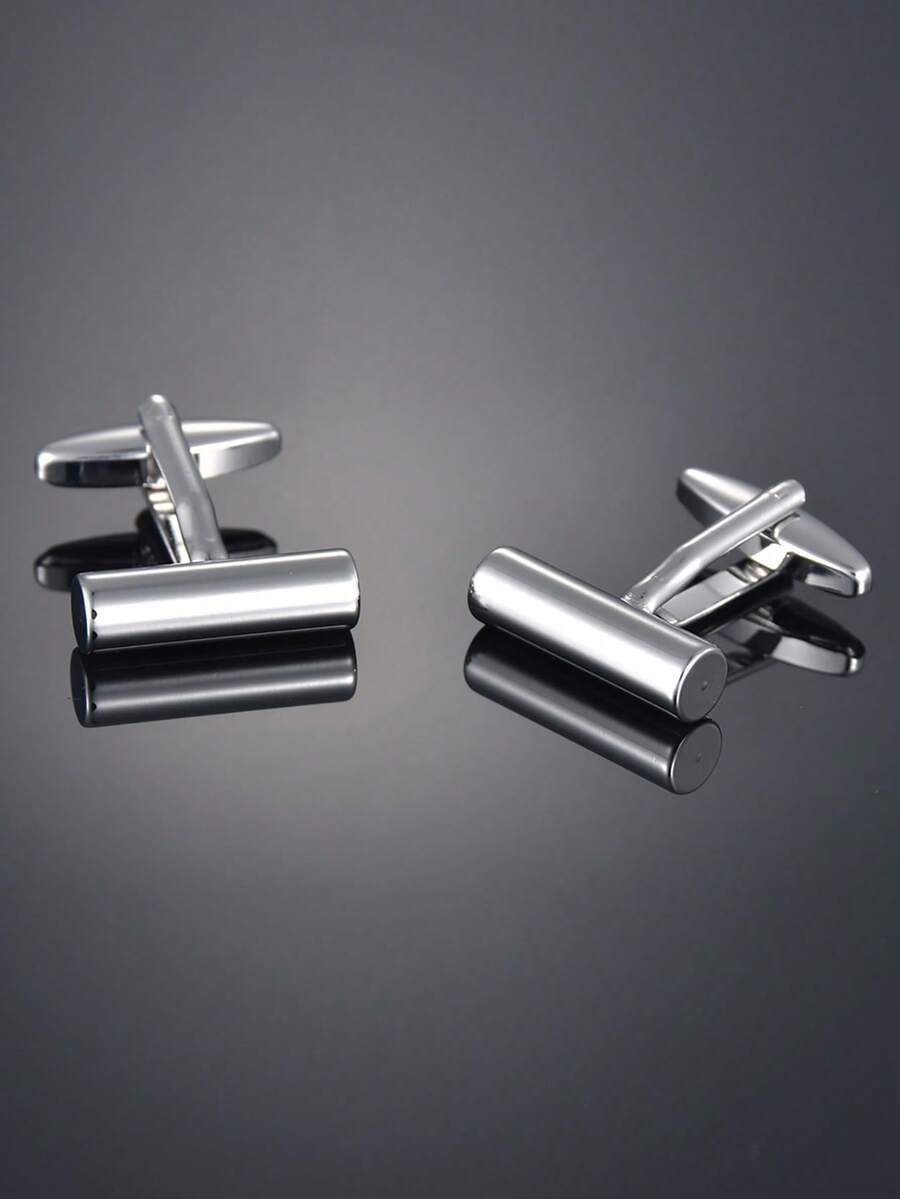 男士极简主义圆柱形铜袖扣一对 - 銀色 - 查看 1