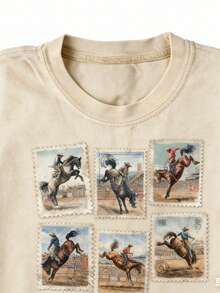 Summer Tops2026Washed Women's T-Shirt, Rodeo T-Shirt, Wild Horse Western Cowboy Shirt, Vintage Rodeo Stamp T-Shirt, Comfortable Street  Style, Autumn Shirt, Casual Street Style T-Shirt, Local Warehousesummer Clothes Washed Cotton - 杏色 - 查看 1