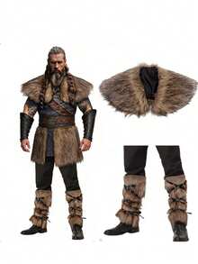 Bộ 3 món dành cho nam giới: Áo choàng chiến binh Viking thời Trung cổ Phục hưng, trang phục sân khấu, tất lông giả và quần ấm, phong cách thời trang. - A - Xem 1