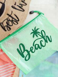 防水時尚沙灘包，印有「Beach」、椰子樹、棕櫚樹圖案。大容量透明化妝包，尼龍拉鍊，輕巧，適合春夏收納，完美適用於游泳、沙灘、潛水和夏季度假、返校，輕巧防曬收納包，適合朋友、家人、閨蜜、同學。生日、節日、派對、婚禮（伴娘）、教師節、郵輪必備、夏季度假禮物的完美禮品與紀念品 - 彩色 - 查看 7