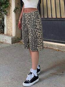 Women's Vintage Leopard Print Casual Straight Leg Denim Shorts With Pockets, Versatile For Street, Daily, Office, Spring/Summer - Multicolor - View 3