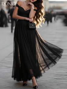 DONICY Elegant Black Off-The-Shoulder Tulle Maxi Dress, Romantic Sweetheart Neckline Fitted Bodice With Sheer Layered Skirt For Evening Parties & Weddings - Black - View 6