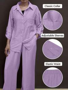 Cardigan casual con cuello polo ligero, blusa elegante de unicolor versátil adecuada para la playa, el diario, el trabajo, las compras, pantalones de pierna ancha con cintura relajada de tel - Lila Púrpura - Ver 2